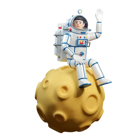 Lastronaute En Combinaison Spatiale Est Assis Sur La Lune Un Astronaute Sur Une Planete Avec Des Crateres Agite La Main 3D Illustration