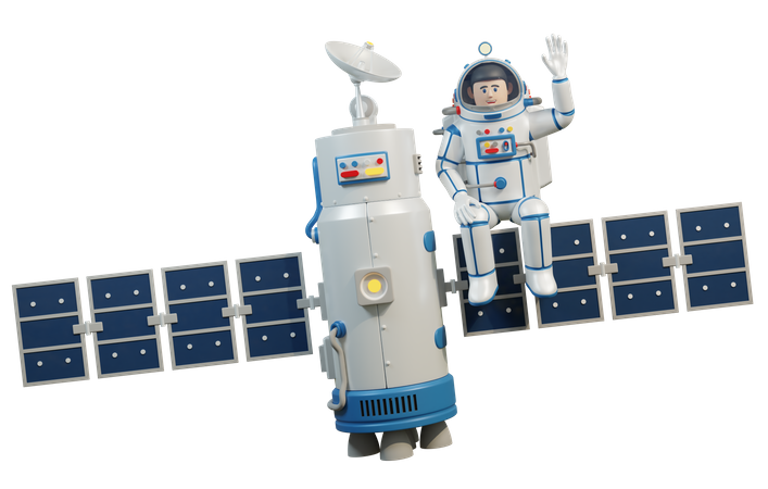 L'astronaute en combinaison spatiale est assis sur un satellite spatial  3D Illustration