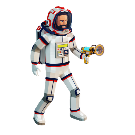 Astronaute en combinaison spatiale avec un pistolet laser à la main  3D Illustration