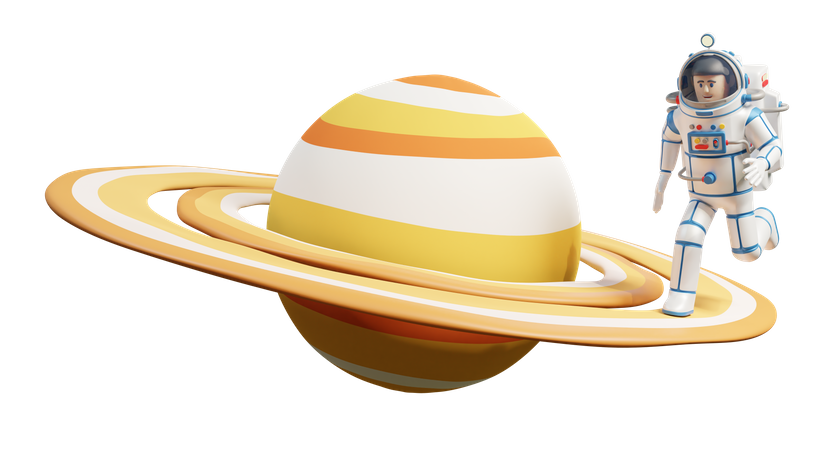 Astronaute en combinaison spatiale sur les anneaux de Saturne  3D Illustration