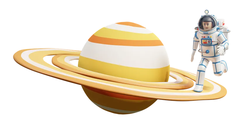 Astronaute En Combinaison Spatiale Sur Les Anneaux De Saturne La Planete Saturne Et Lastronaute Qui Court Texture Rayee Pour Saturne Dans Le Deuxieme Apercu 3D Illustration