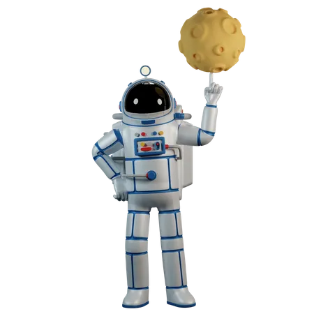 Un Spaceman Isole En Combinaison Spatiale Fait Tournoyer La Lune Sur Son Doigt Astronaute Et Planete Avec Crateres Illustration 3 D De Dessin Anime 3D Illustration