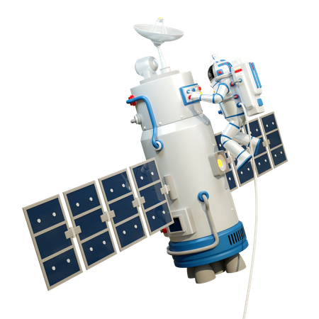 L'astronaute en combinaison spatiale travaille dans un espace ouvert avec un satellite  3D Illustration