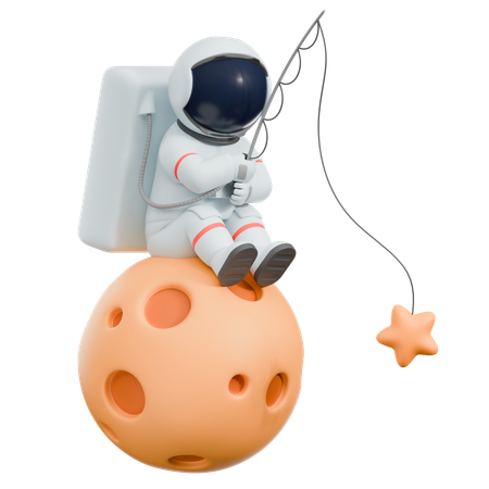 Un astronaute pêche sur la lune  3D Illustration