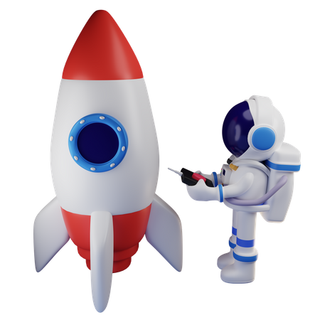 Un astronaute fait fonctionner une fusée à l'aide d'une télécommande  3D Illustration