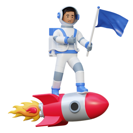 Astronaute chevauchant un vaisseau spatial fusée portant un drapeau  3D Illustration