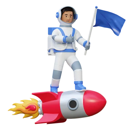 Astronaute chevauchant un vaisseau spatial fusée portant un drapeau  3D Illustration