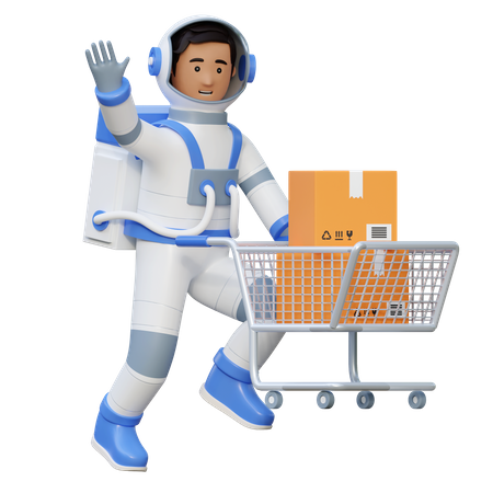 Astronaute poussant le panier  3D Illustration