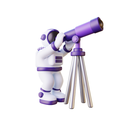 Astronaute regardant à travers un télescope  3D Illustration