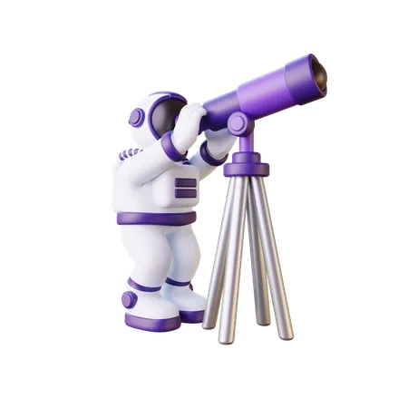 Astronaute regardant à travers un télescope  3D Illustration