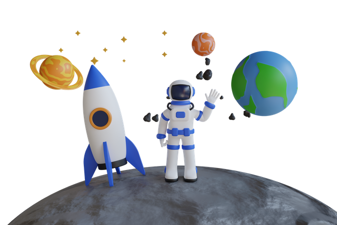 Astronaute sur la Lune avec fusée et planètes  3D Illustration