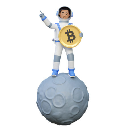 Astronaute tenant Bitcoin en position debout sur la Lune  3D Illustration