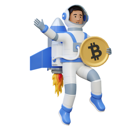 Astronaute tenant Bitcoin pendant un vol dans l'espace  3D Illustration