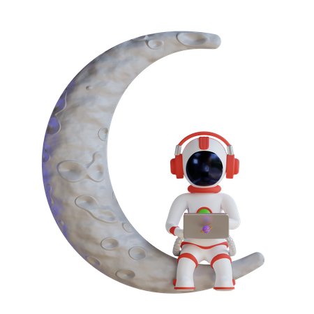 Astronaute travaillant avec un ordinateur portable sur la Lune  3D Illustration