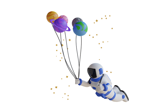 Astronaute volant avec des ballons planétaires  3D Illustration