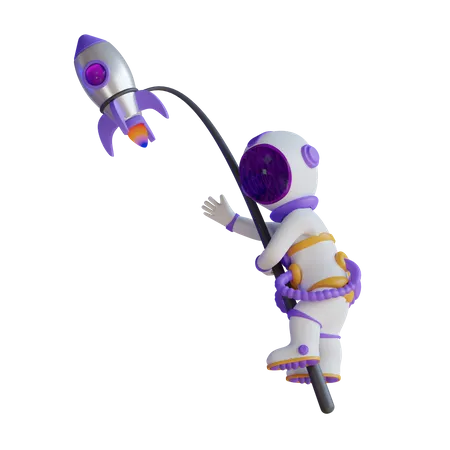 Astronaute volant avec une fusée  3D Illustration