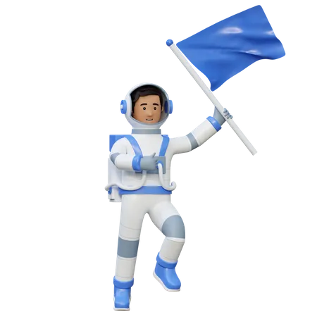 Astronaute volant et tenant un drapeau dans l'espace  3D Illustration