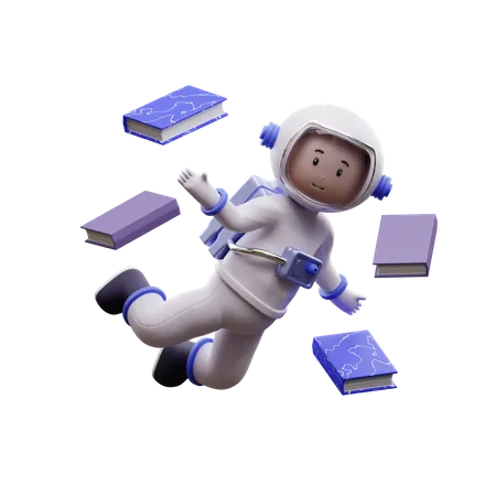 Astronaute pilotant un livre  3D Illustration