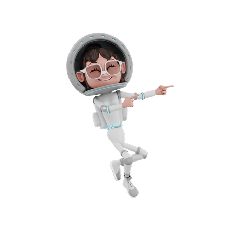 Astronautin zeigt Hände auf der linken Seite  3D Illustration