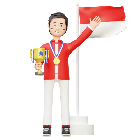 Athlete champion holding trophy  3D Illustration