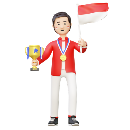 Athlete champion holding trophy and national flag  3D Illustration