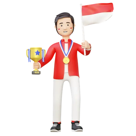 Athlete champion holding trophy and national flag  3D Illustration