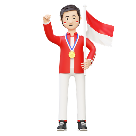 Champion d'athlète tenant le drapeau national  3D Illustration