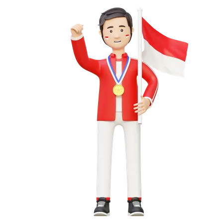 Champion d'athlète tenant le drapeau national  3D Illustration