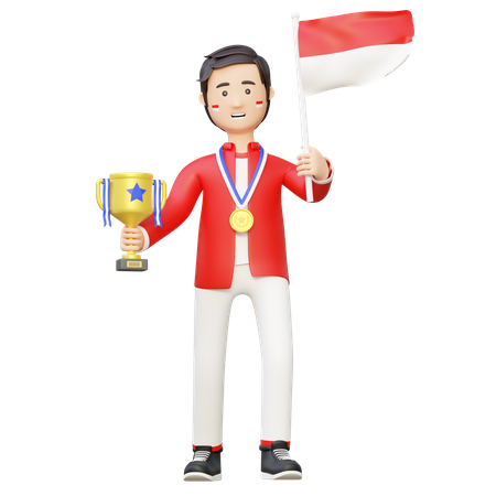 Champion d'athlète tenant le trophée et le drapeau national  3D Illustration