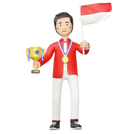 Campeão atleta segurando o troféu e a bandeira nacional  3D Illustration