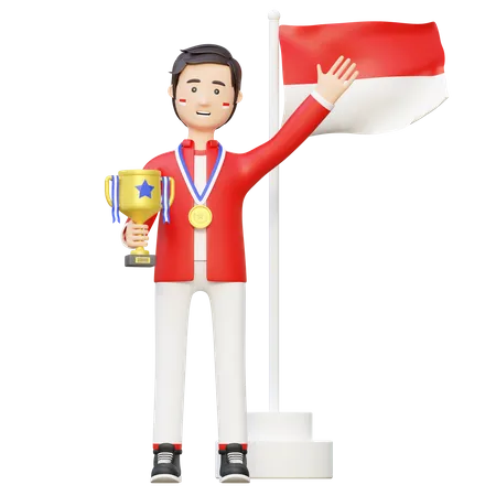 Campeón atleta con trofeo  3D Illustration