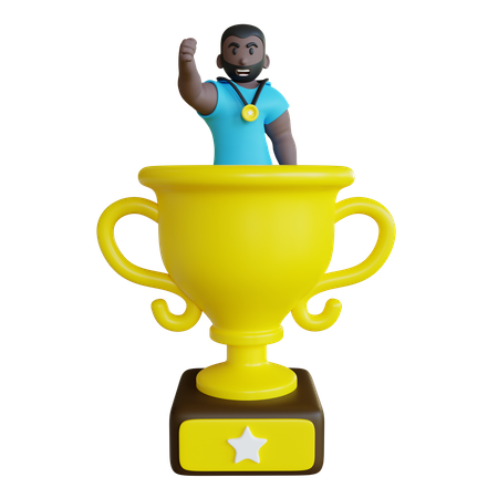 Atleta celebrando el trofeo del éxito.  3D Illustration