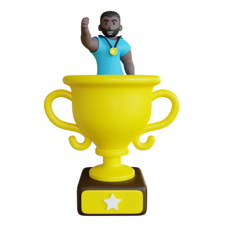 Atleta celebrando el trofeo del éxito.  3D Illustration