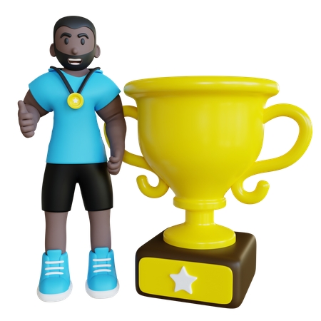 Atleta ganador de la competición con trofeo.  3D Illustration