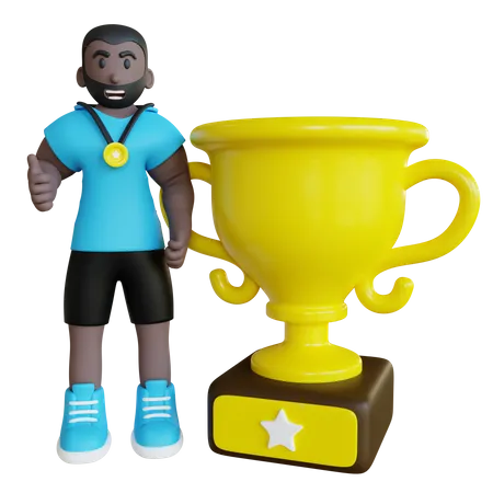 Atleta ganador de la competición con trofeo.  3D Illustration