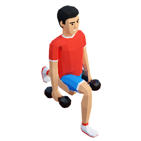 Hombre atleta entrenando estocadas en cuclillas con pesas en el gimnasio  3D Illustration