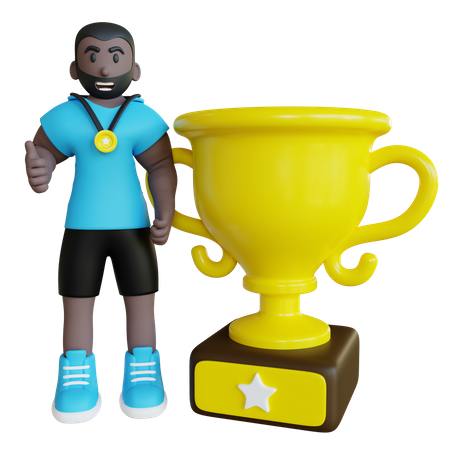 Atleta vencedor da competição com troféu  3D Illustration