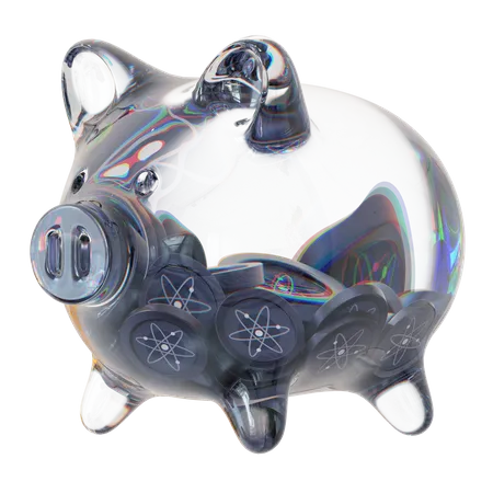 Atom-Sparschwein aus klarem Glas mit abnehmendem Stapel an Kryptomünzen  3D Icon