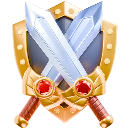Shiny Blades Placed In Front Of A Shield Featuring A Combination Of Golden Red Diamond Like And Silver Colors Perfect For 3 D Game Design 3D Icon