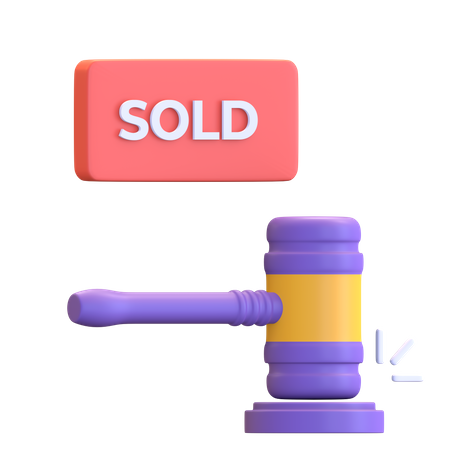 Auction sold text with striking wooden gavel  3D Illustration