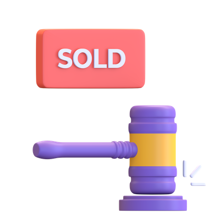 Auction sold text with striking wooden gavel 3D Illustration
