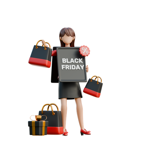 Aufgeregtes Mädchen in einem Black Friday T-Shirt  3D Illustration