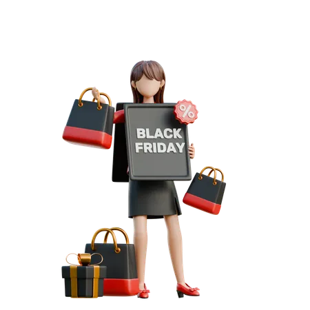 Aufgeregtes Mädchen in einem Black Friday T-Shirt  3D Illustration