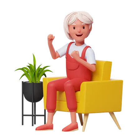 Aufgeregtes Mädchen, das auf dem Sofa sitzt  3D Illustration