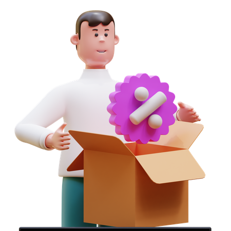 Junger Mann Unboxing Shopping Rabatt  3D Illustration