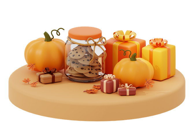 Autumn Gift And Cookies Above The Podium  3D Icon