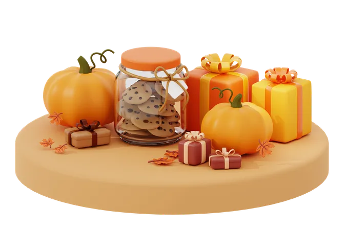 Autumn Gift And Cookies Above The Podium  3D Icon