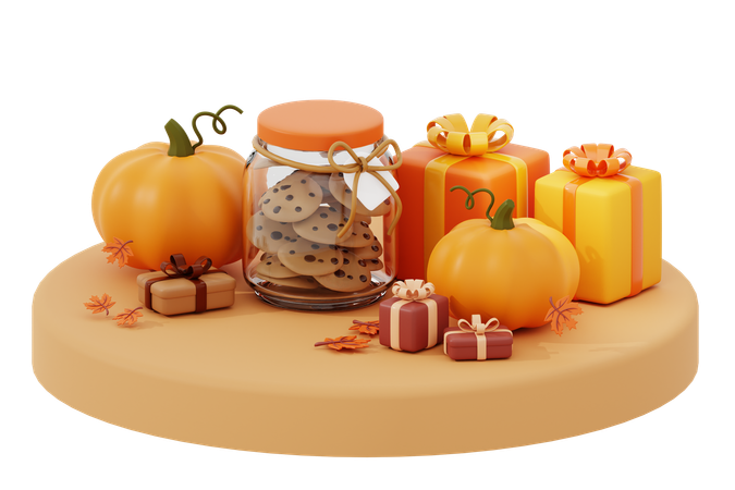 Autumn Gift And Cookies Above The Podium  3D Icon