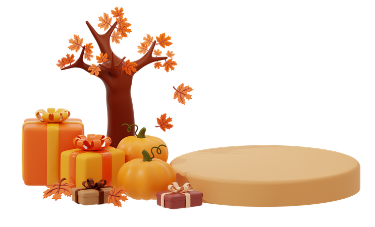 Autumn Podium Beside The Tree And Autumn Gift Box  3D Icon