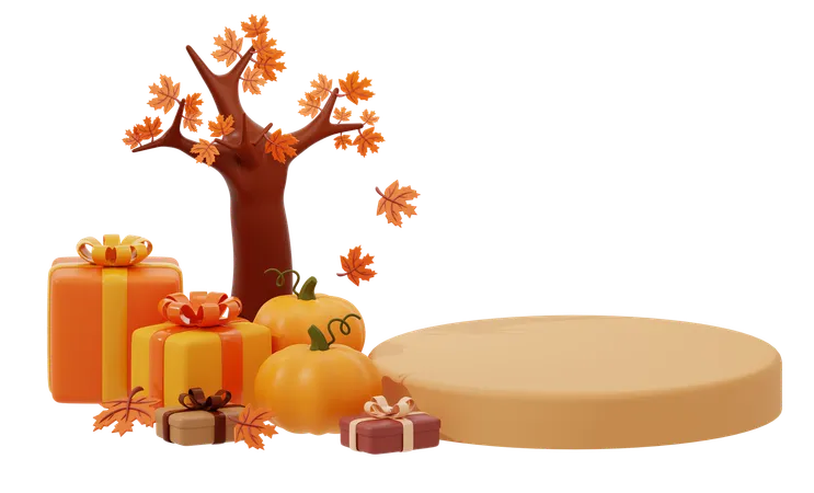 Autumn Podium Beside The Tree And Autumn Gift Box  3D Icon